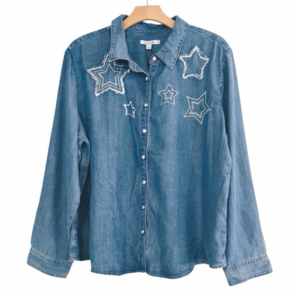 CHICO’S Embroidered Tencel Denim Button Down Shirt Star Sequins Size XL NEW - Picture 7 of 9